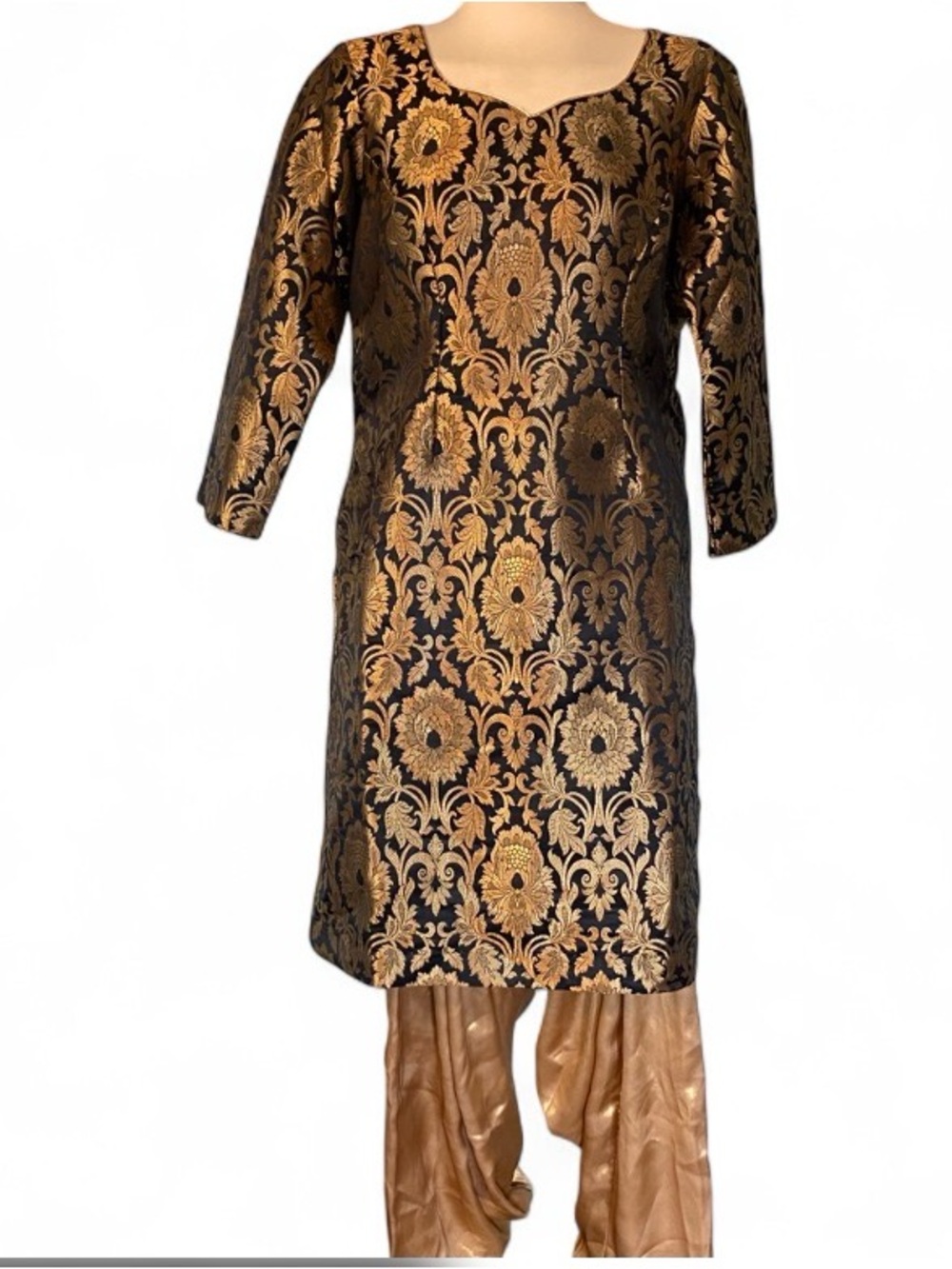 Indian Outfit Metallic Gold and Black Brocade Tunic Dress And Leggings